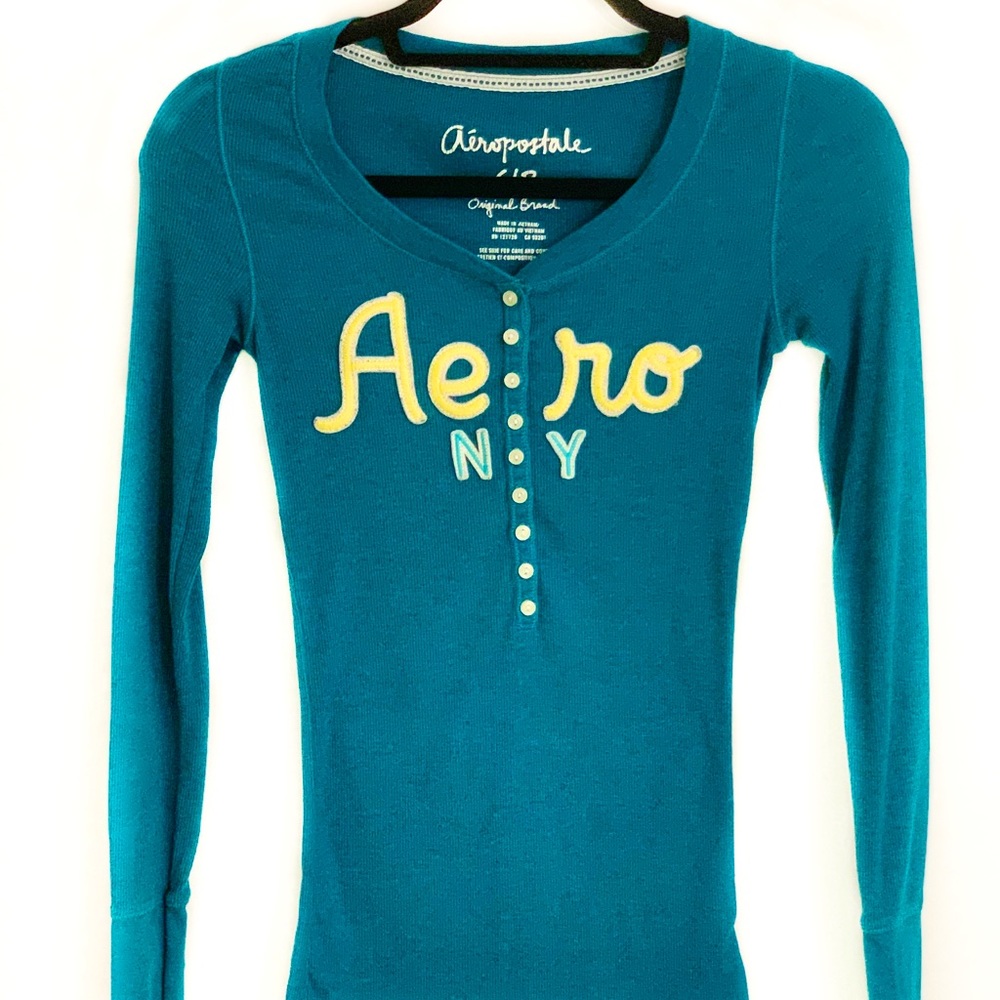 Aeropostale Long Sleeve Turquoise Henley Shirt